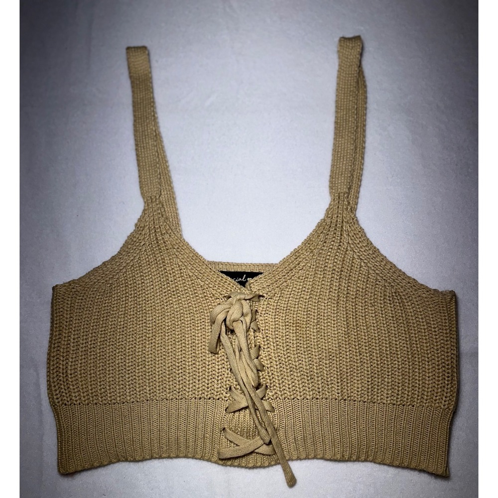 Social Scene Tan Knit Lace Up Front Crop Top Sleeveless Beige Medium